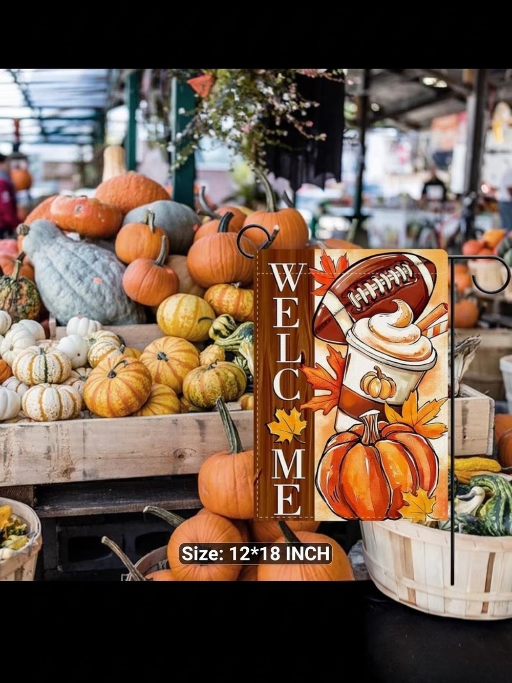 Double Sided Canvas Autumn Pumpkin, Football, & Latte Welcome Garden Flag